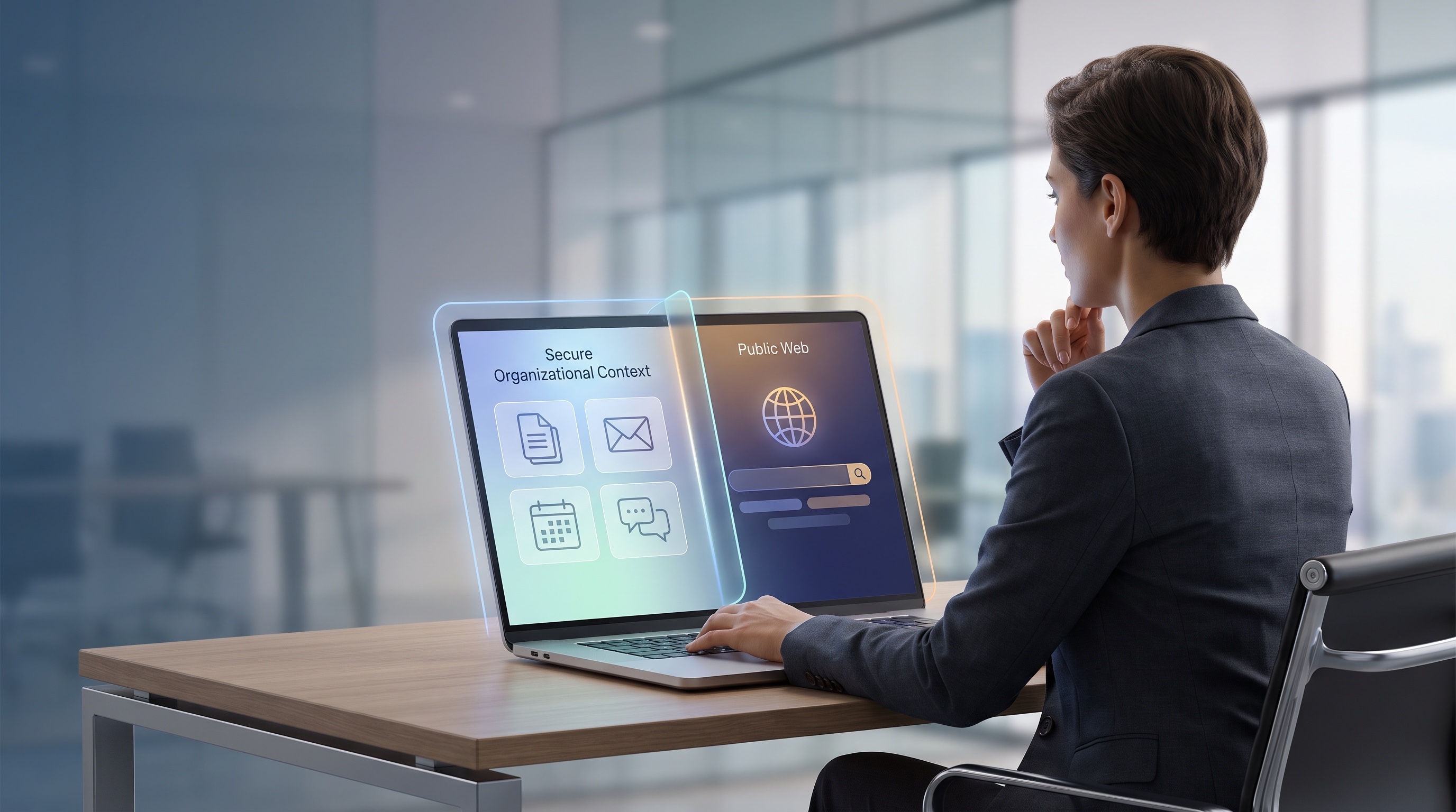 Professional using a laptop to choose between secure work context and a public web question in an AI chat workflow