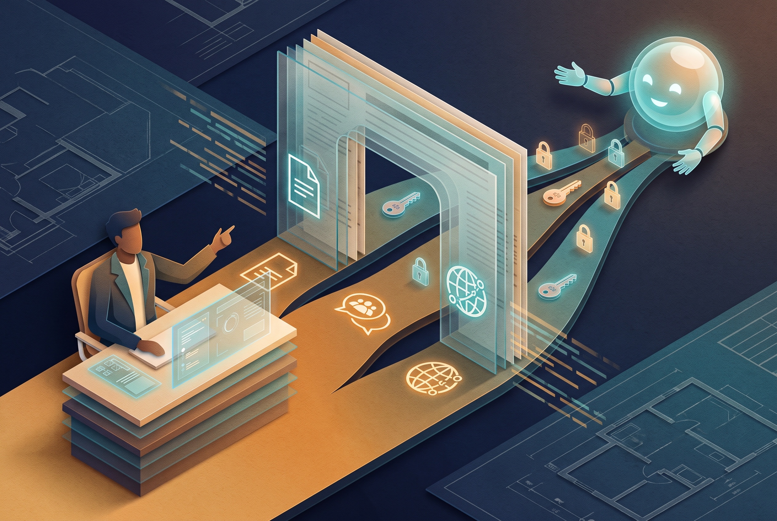 Clean diagram illustrating user decisions, administrator controls, source verification, and safe sharing in an enterprise AI workflow