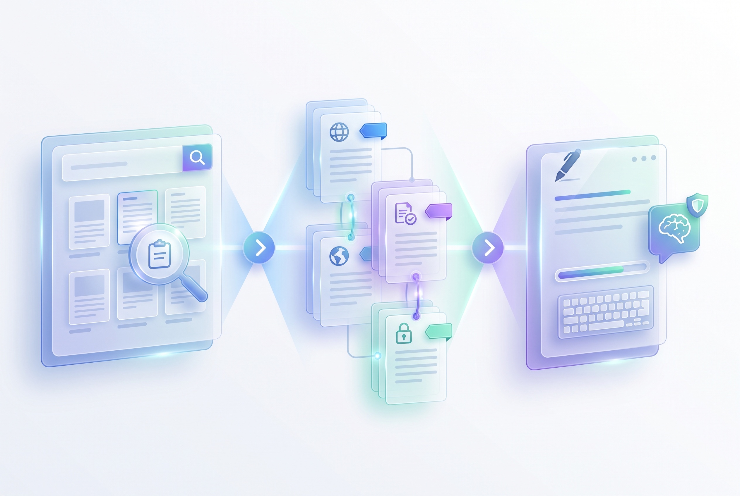 Illustrated workflow showing discovery of work files, source checking, and careful response drafting