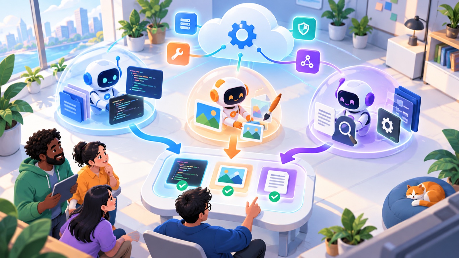 Developers coordinating specialized cloud agents through a managed orchestration hub and secure sandboxes