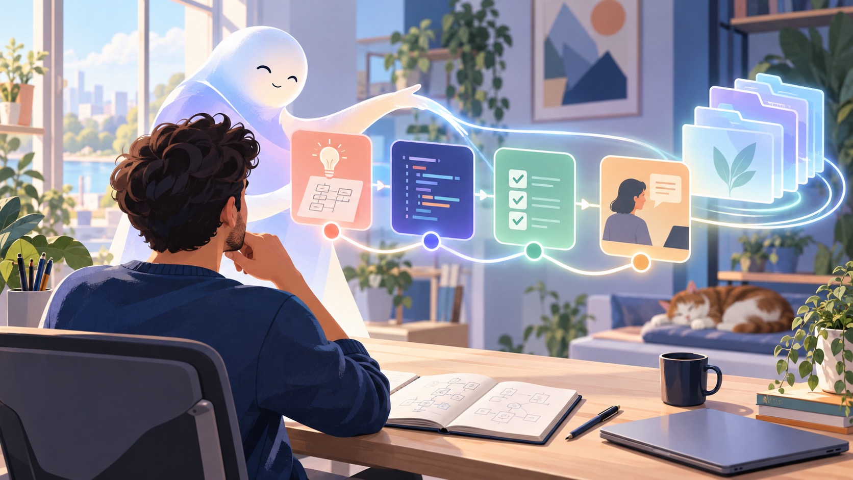 Developer choosing a deliberate AI coding workflow with planning, code, tests, review, and reusable project context
