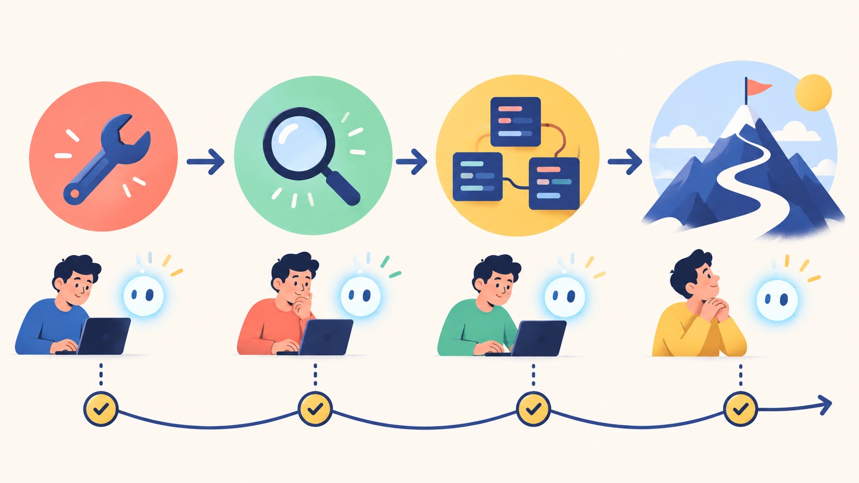 Visual progression from focused repair through code review and refactor to a challenging engineering task, with review checkpoints