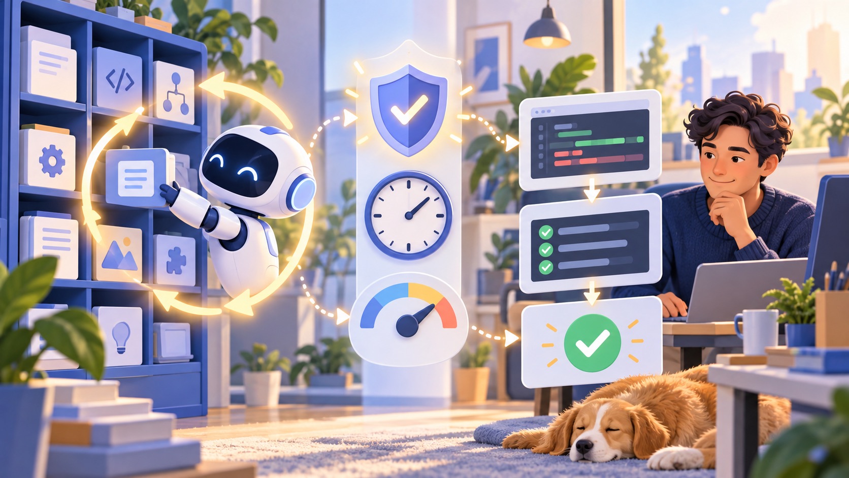 Human-reviewed AI coding workflow showing reusable context, safety checks, time awareness, a controlled effort dial, testing, and approval