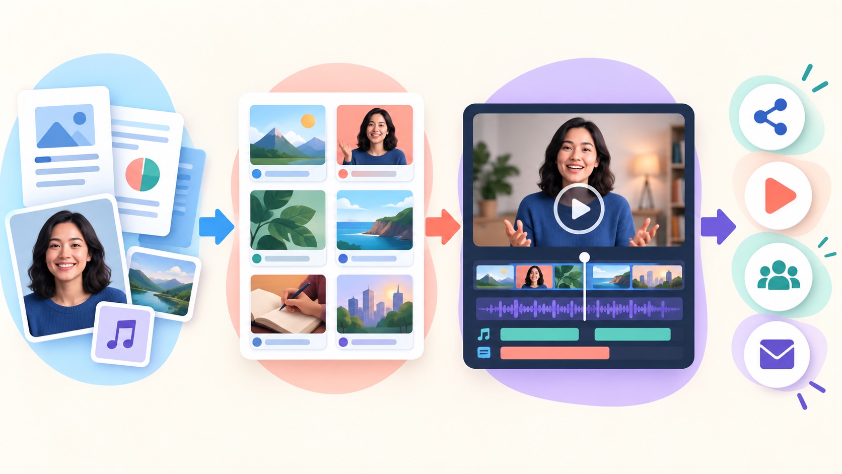 Four-stage PortfolioVideo workflow from professional source documents through scenes and narration to a shareable video