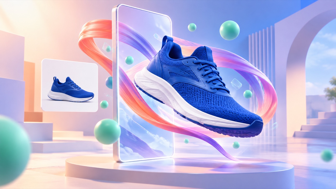 Unbranded sneaker transforming from a product photo into a 3D breakout social video