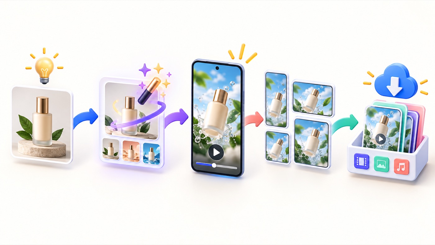 Illustrated workflow from a product photo through prompt enhancement and AI video generation to multiple social formats and downloadable assets