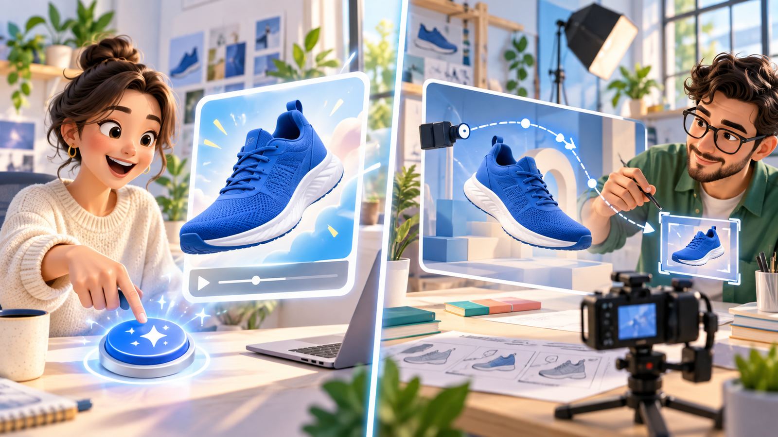 Split-screen illustration comparing automatic and directed 3D breakout product-video workflows