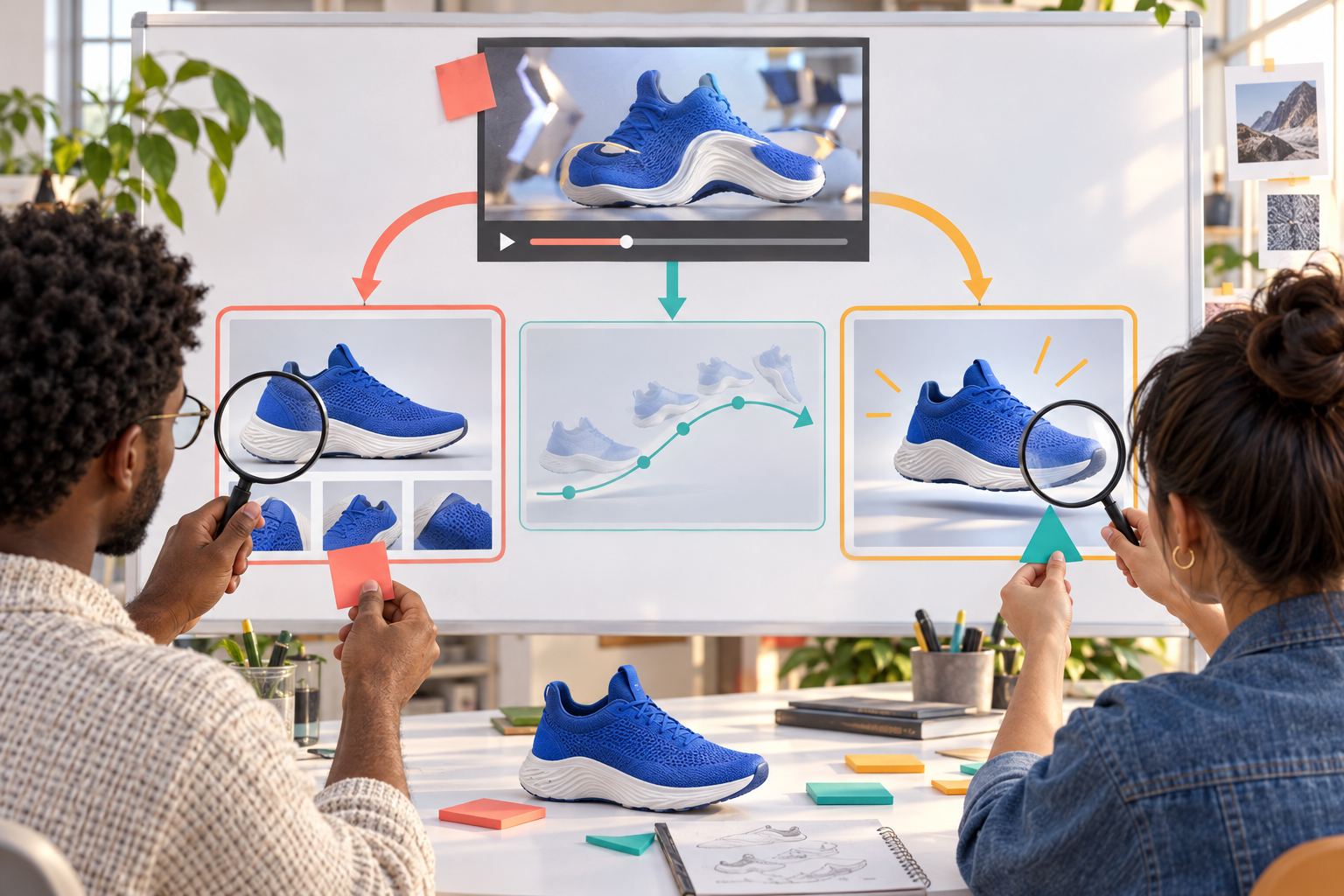Creative team diagnosing a distorted product video by checking source image, motion path, and ending frame