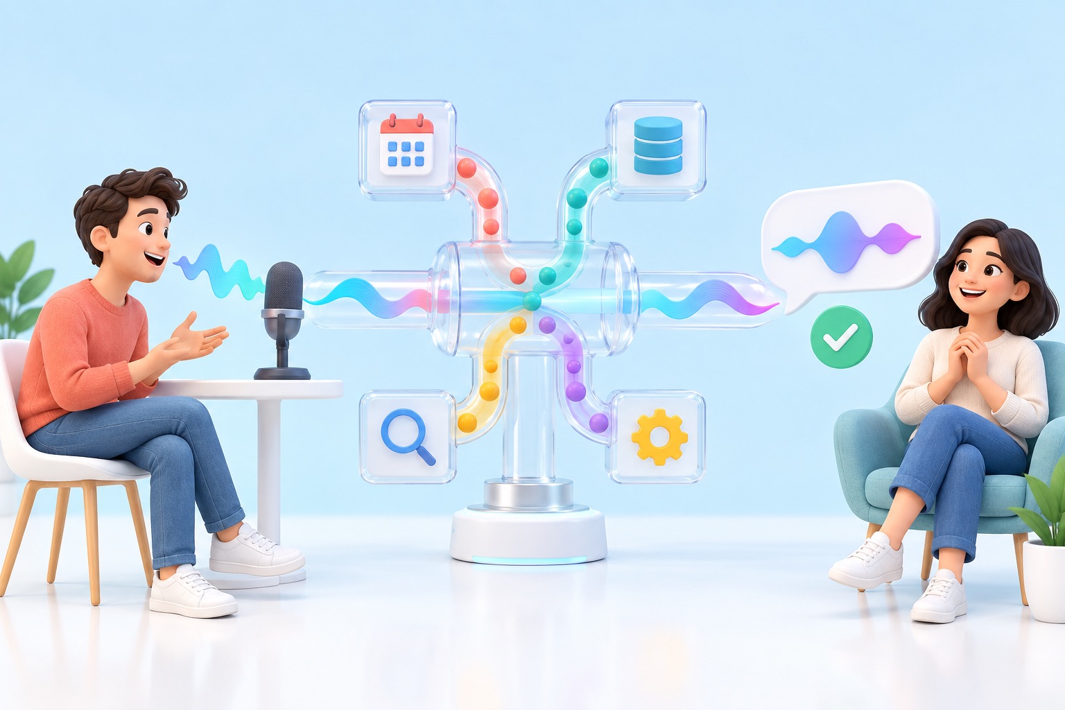Bright explanatory illustration showing live speech flowing through parallel tool calls and returning as a verified response