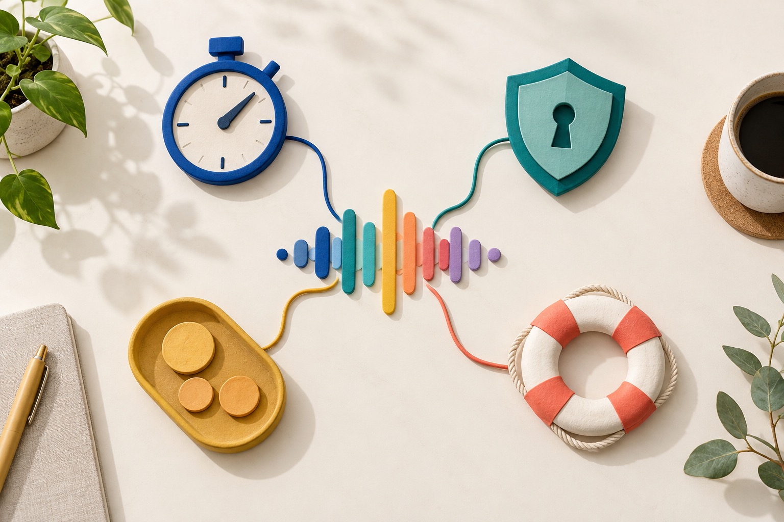 Editorial visual representing latency, security, cost, and reliability controls around a real-time voice signal