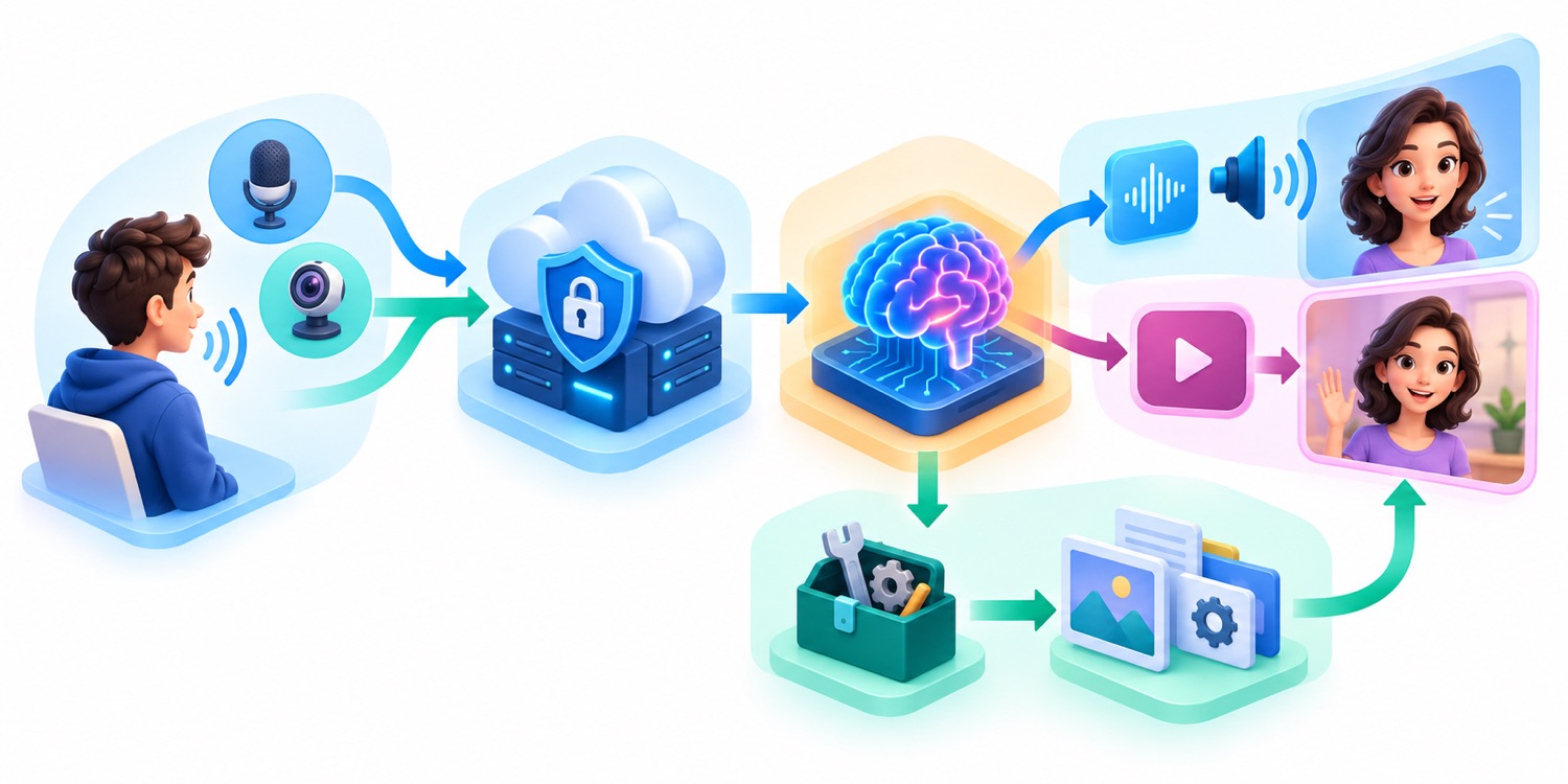 Diagram showing microphone and camera input passing through a secure cloud gateway into an AI engine that returns synchronized audio and avatar video while tools run in the background