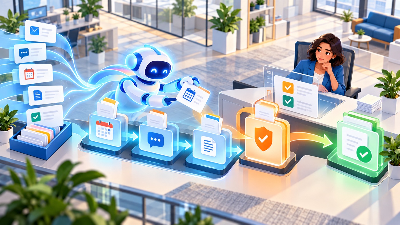 Human manager supervising a persistent AI agent as it moves recurring work through messages, calendar, documents, approvals, and audit checkpoints