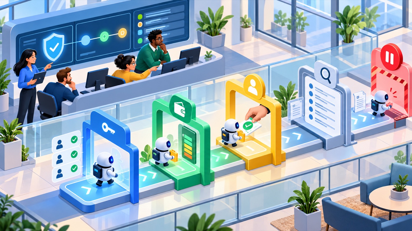 Enterprise team supervising an AI agent through identity, budget, approval, audit, and emergency pause checkpoints