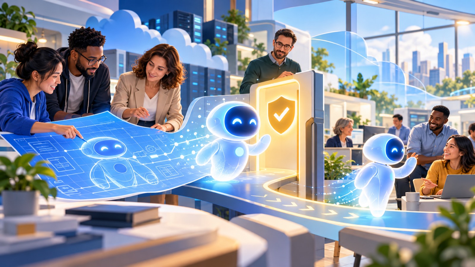 Developers and administrators turning an AI blueprint into an approved digital teammate for a work team
