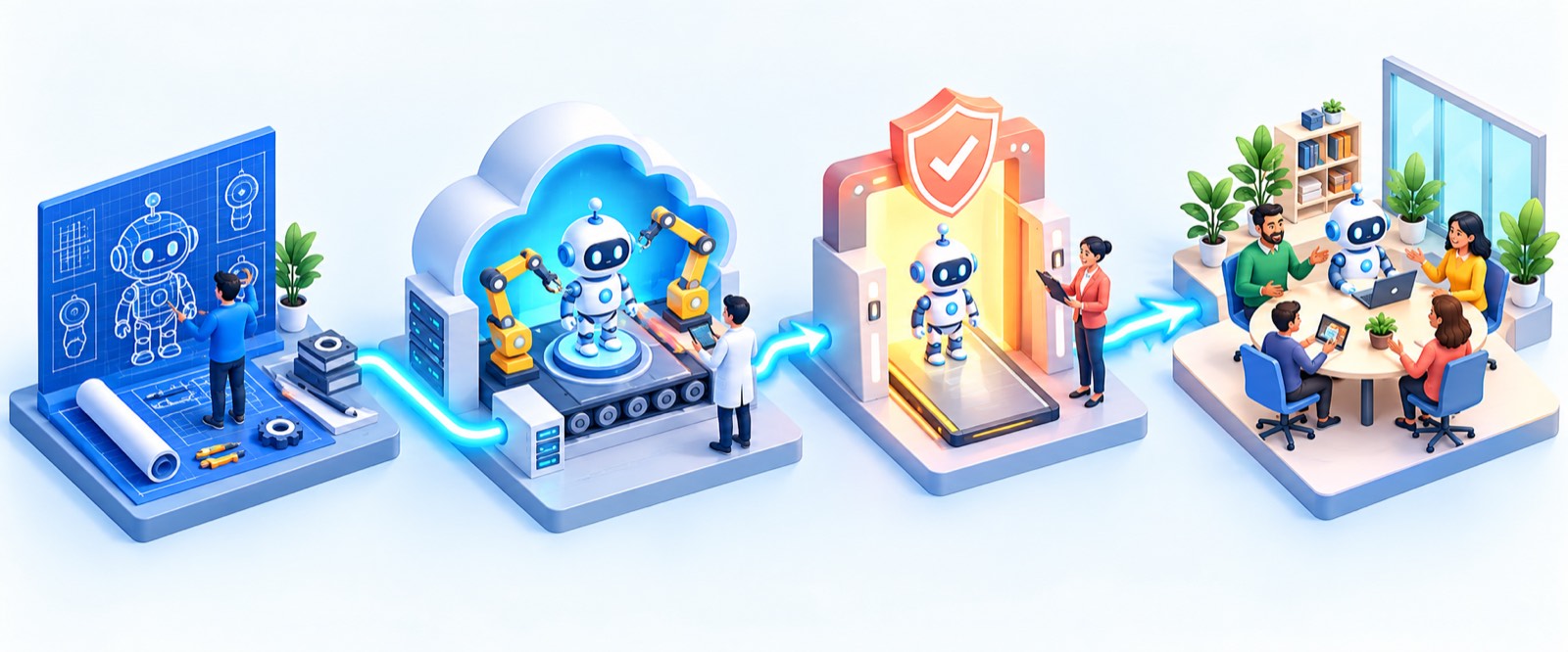 Four-stage Autopilot lifecycle from blueprint through cloud build and administrator approval to a hired team instance