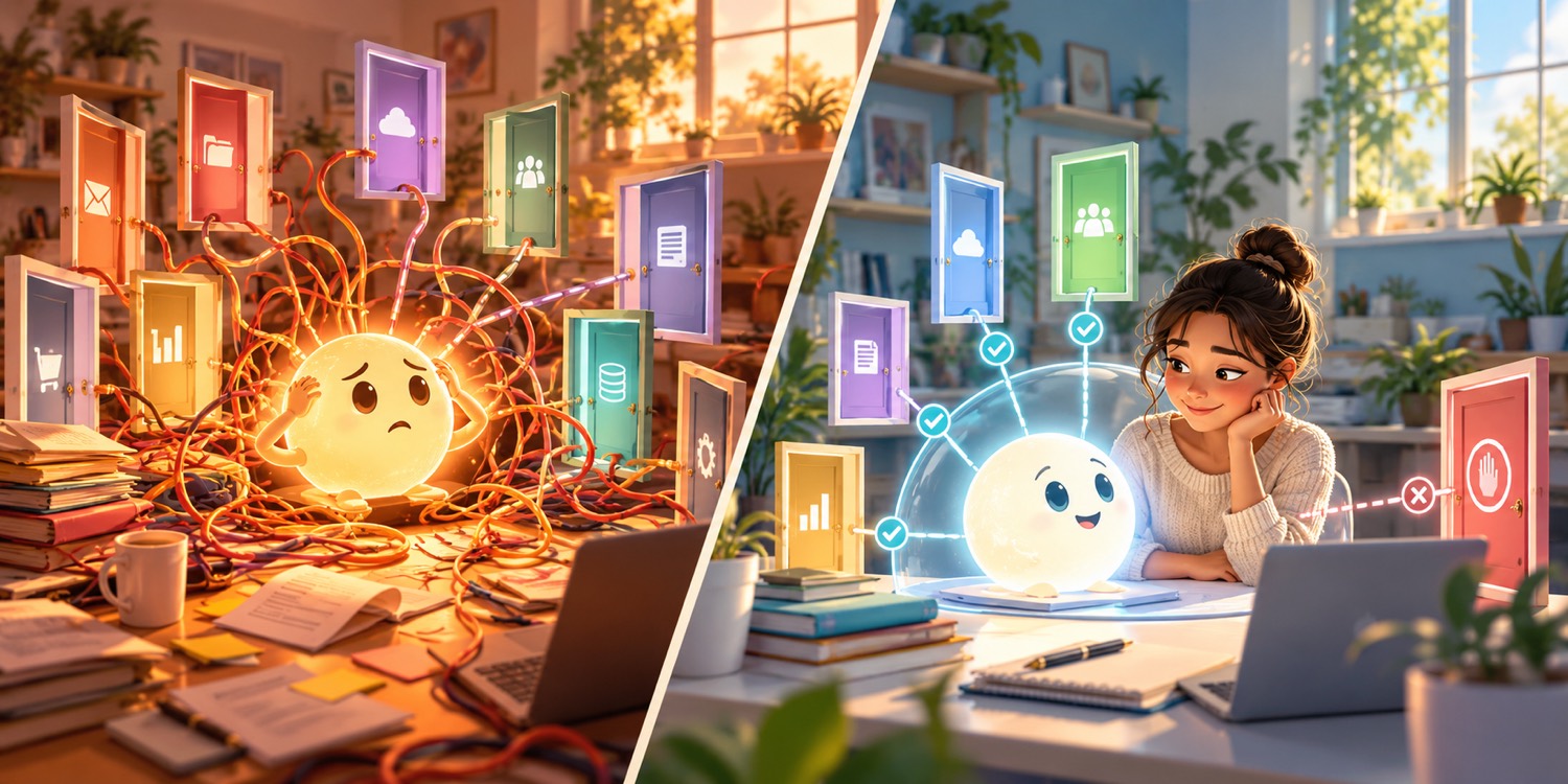 Split-screen illustration comparing tangled over-permissioned AI delegation with a controlled workflow using approvals and a stop boundary
