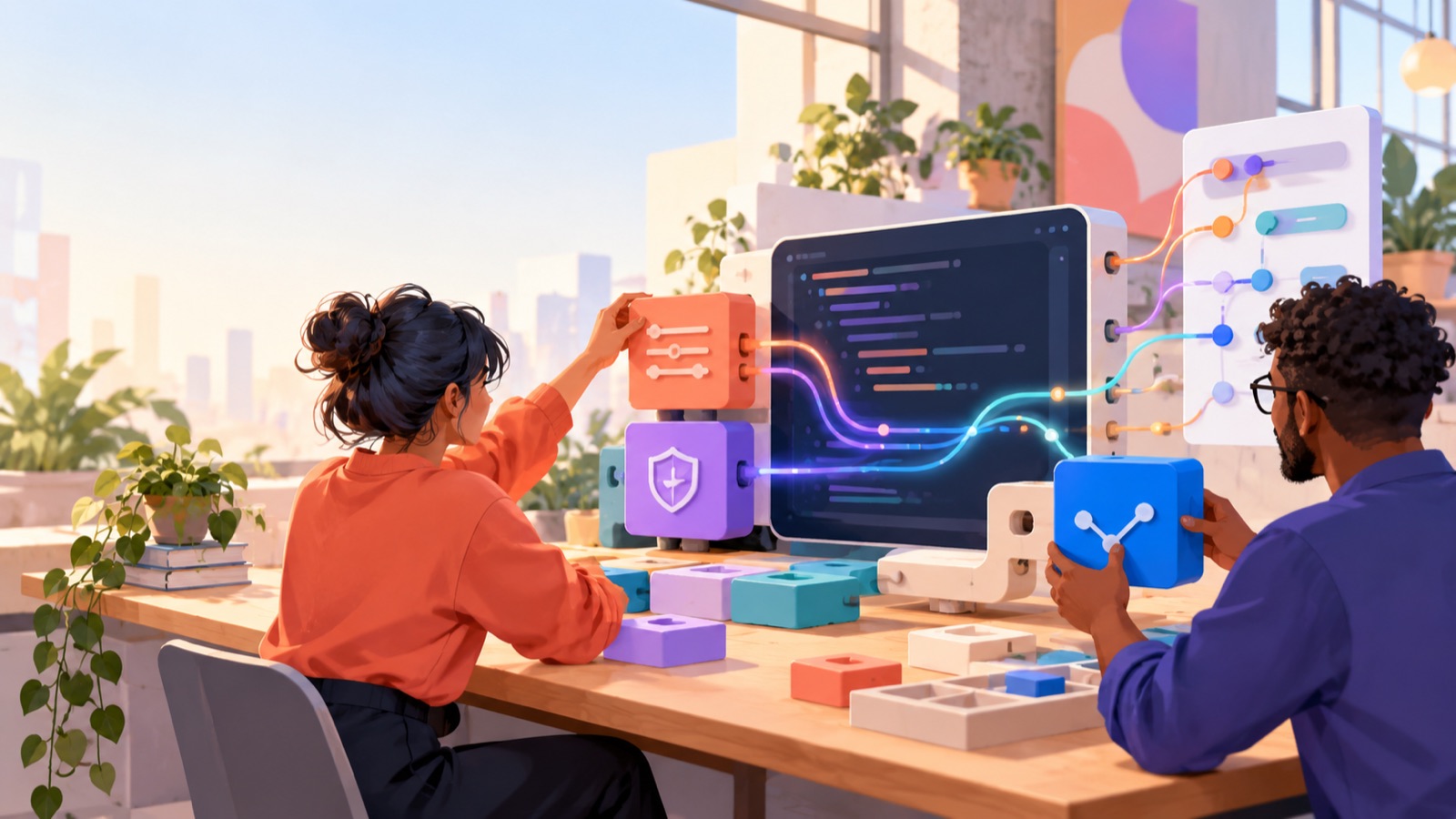 Developers assembling colorful Claude Code mod components around an AI coding workstation