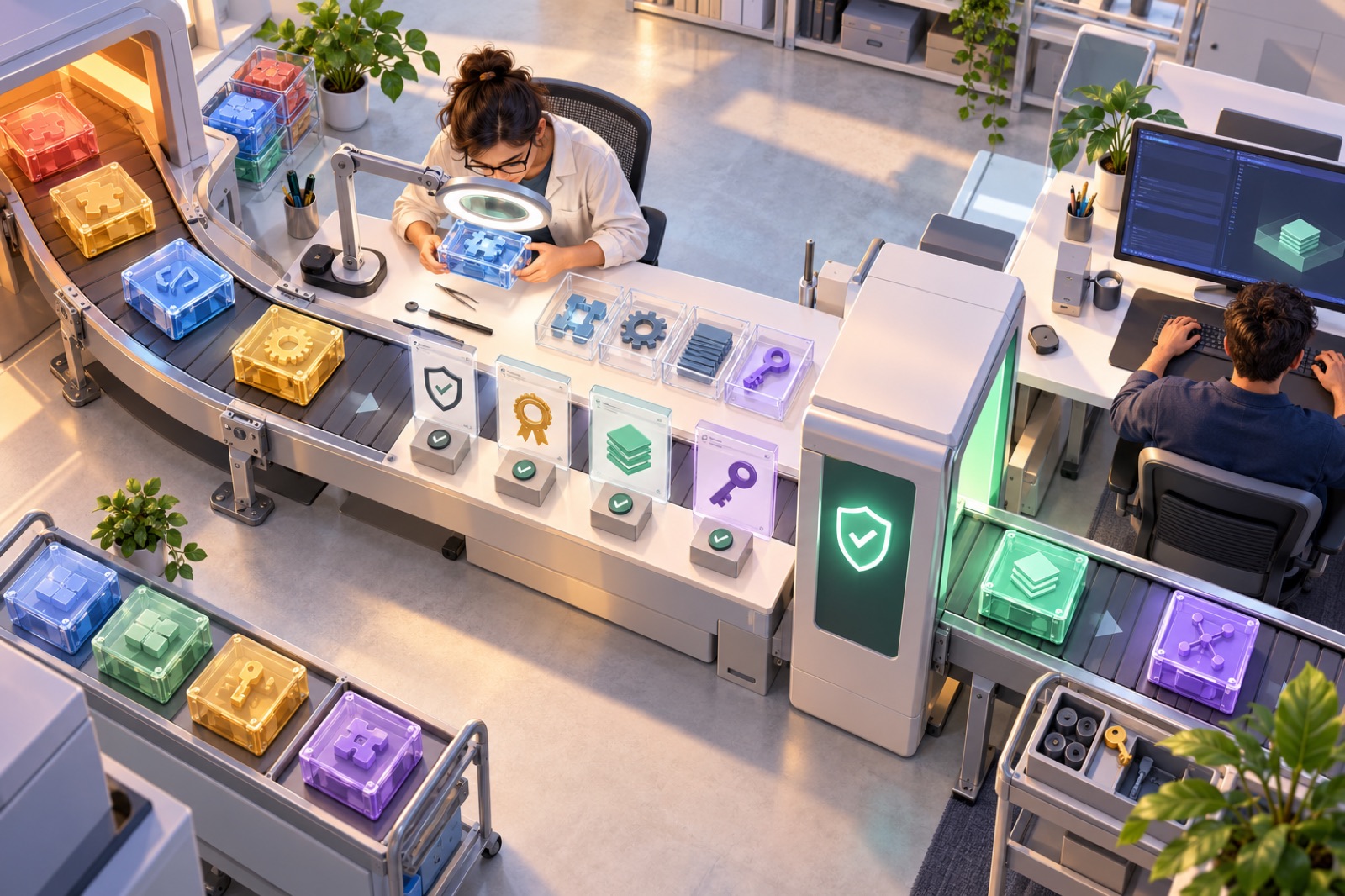 Human reviewer inspecting modular AI coding extensions before they pass through a protected installation gate
