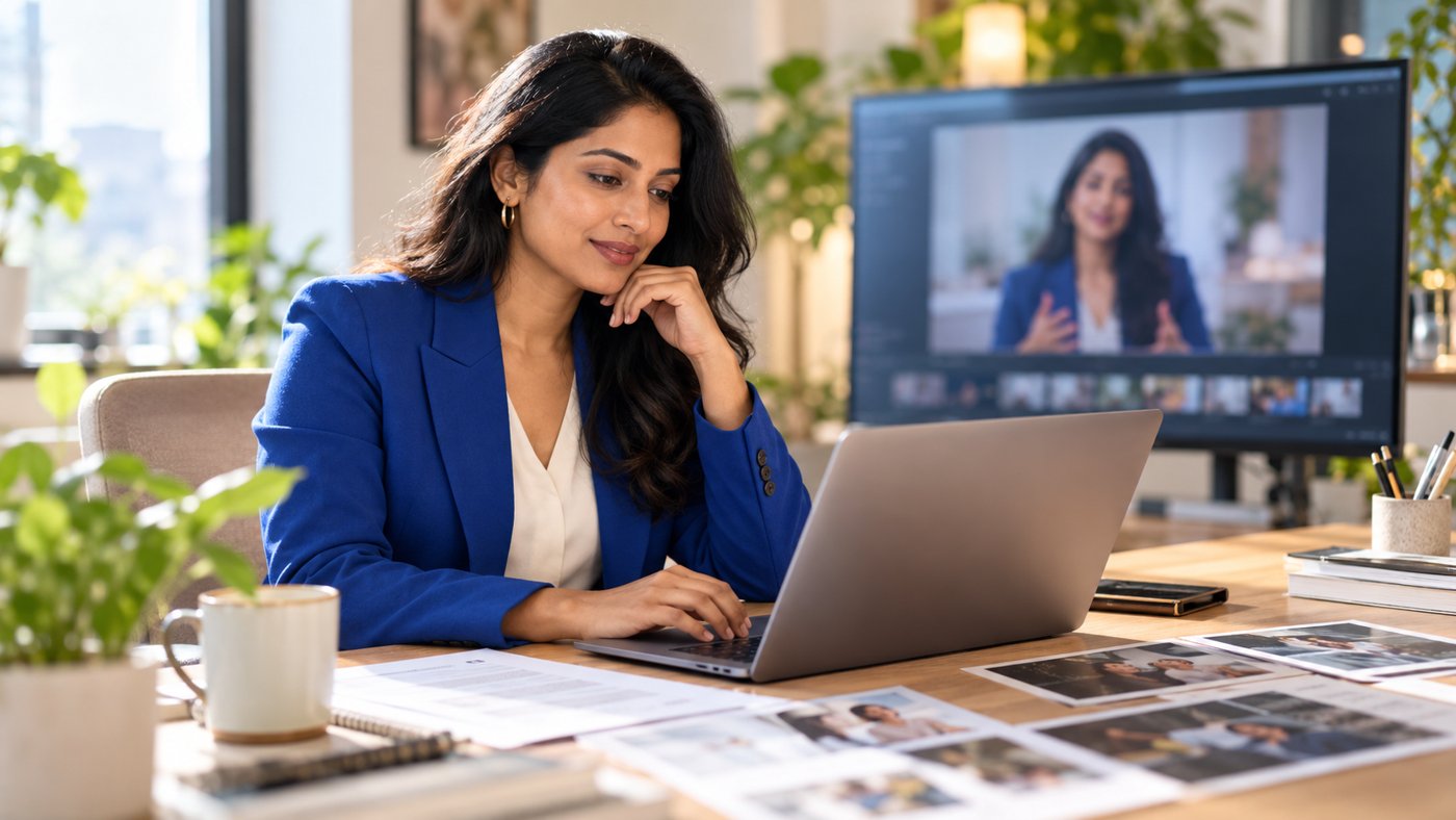 AI-generated realistic image of a professional preparing a video portfolio with a resume, work samples, and a laptop