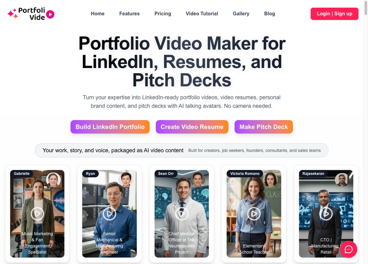 PortfolioVideo homepage with LinkedIn, video resume, and pitch deck entry points