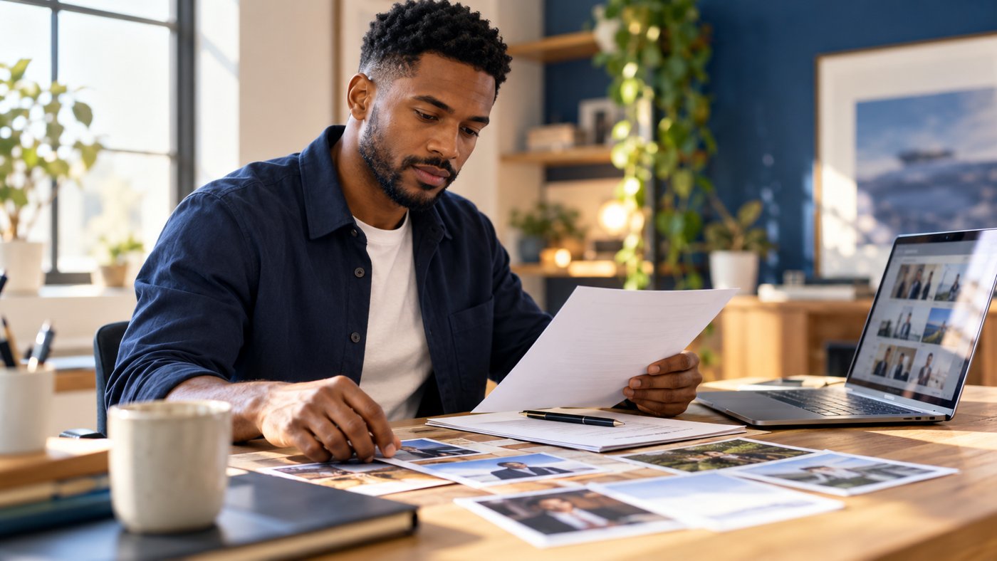 AI-generated realistic image of a job seeker reviewing a resume and selecting portfolio material for a video introduction