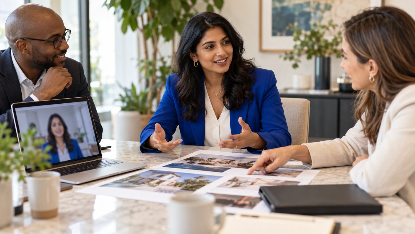 AI-generated realistic image of a founder discussing a proposal with colleagues beside a laptop video introduction