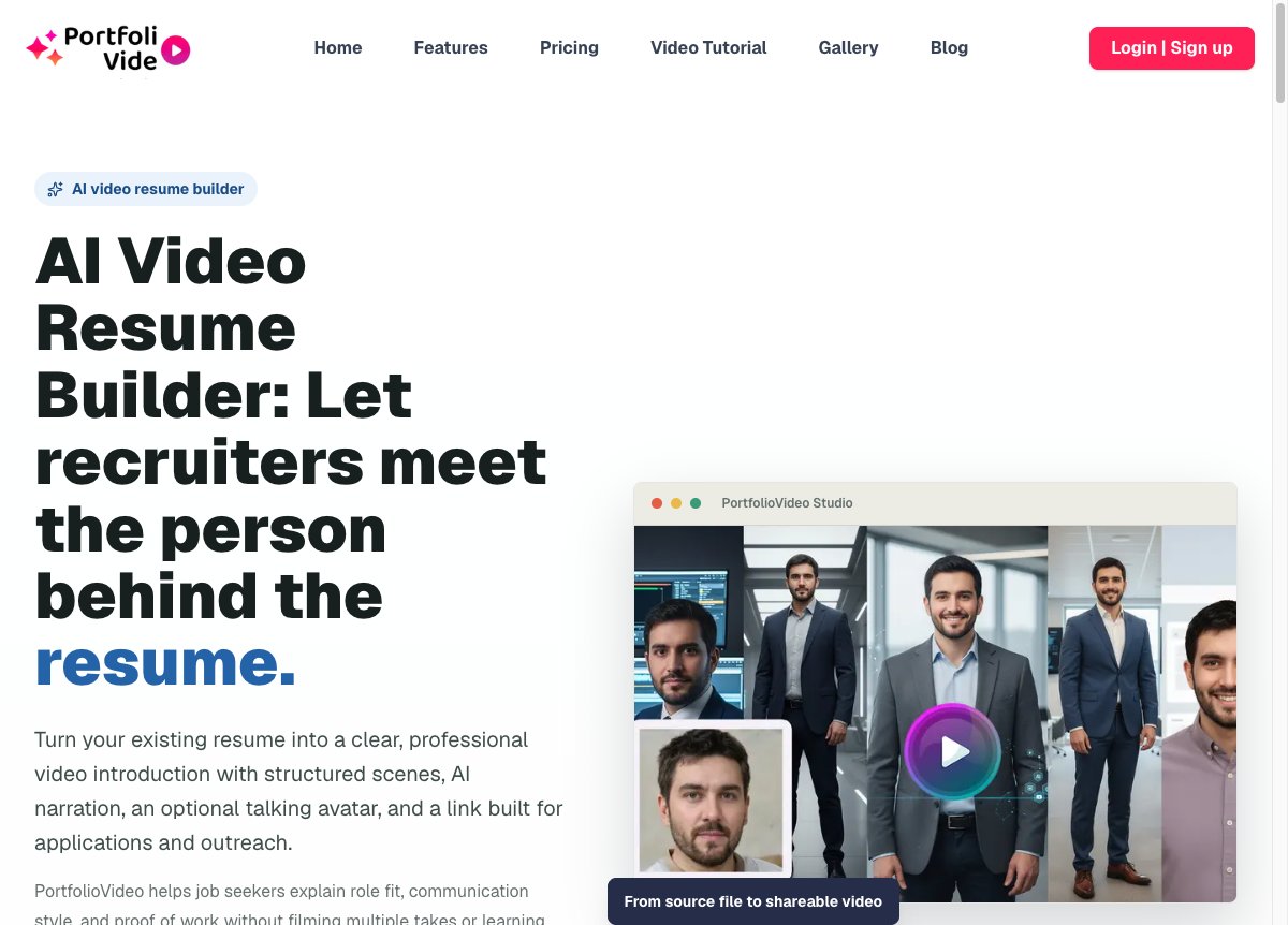 PortfolioVideo public AI video resume builder page explaining the resume-to-video format