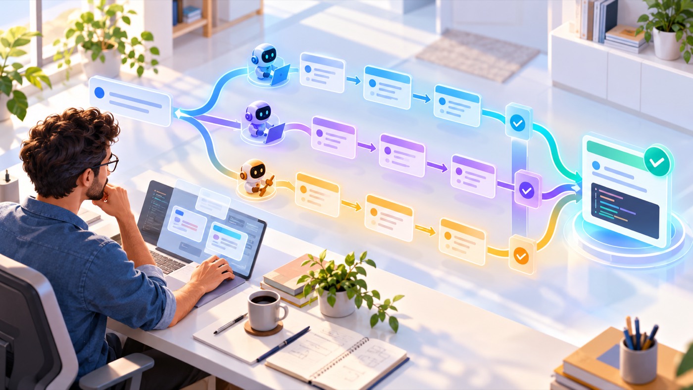 Developer orchestrating parallel GitHub Copilot dynamic workflow stages that converge into a reviewed software result