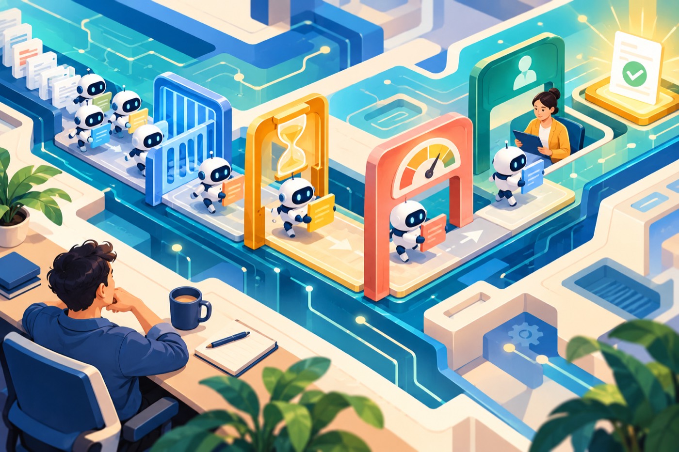 Multi-agent software process moving through concurrency, time, AI-credit, and human-review guardrails toward a verified result