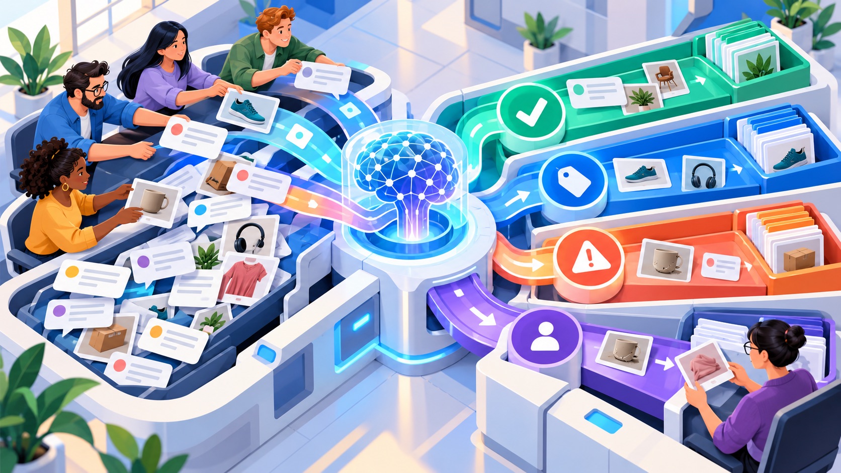 Software team routing messages and images through an AI decision workflow with category lanes and human review