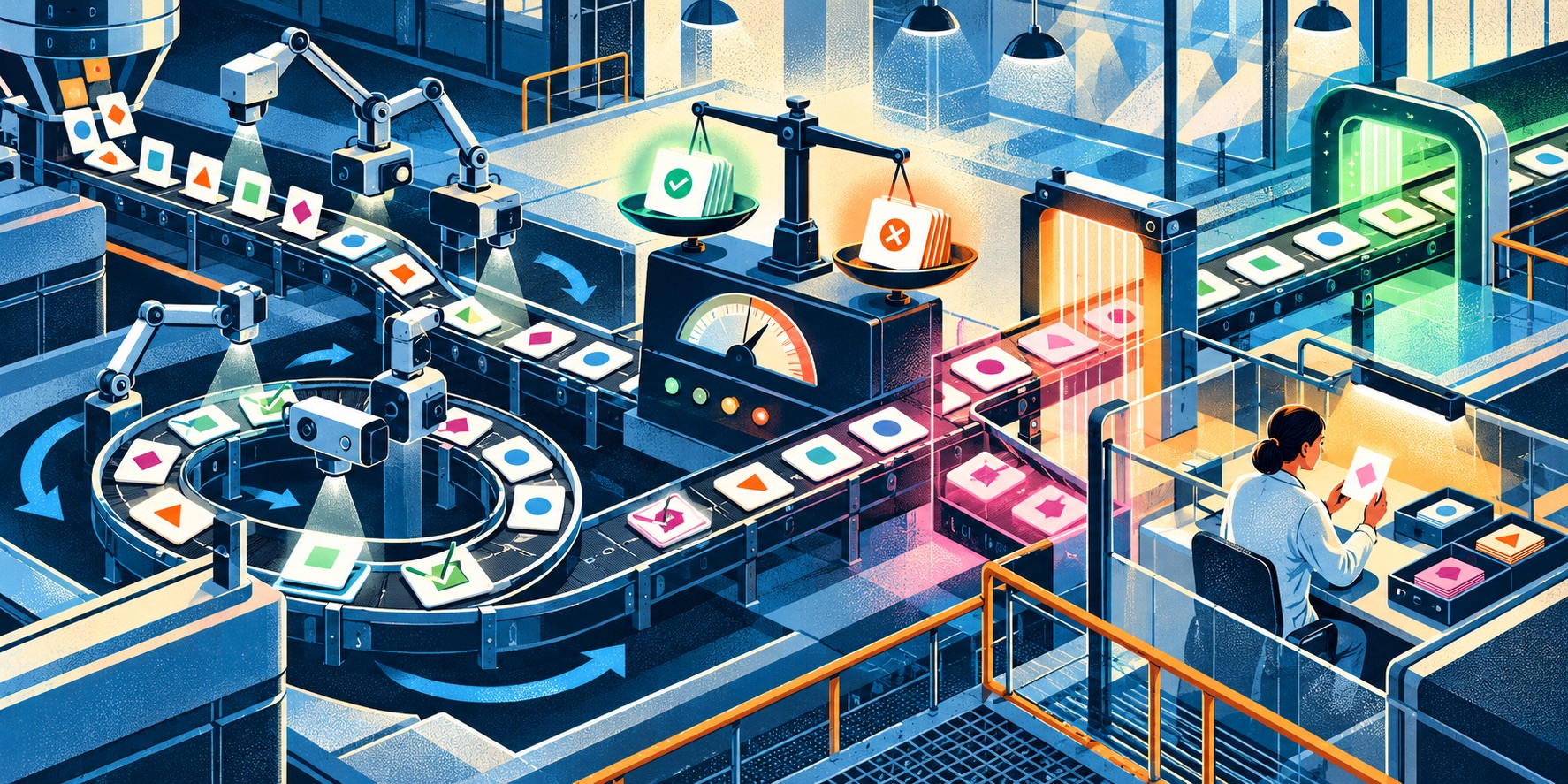 Retro-futurist reliability lab testing AI decisions with repeated trials, threshold gates, and human review