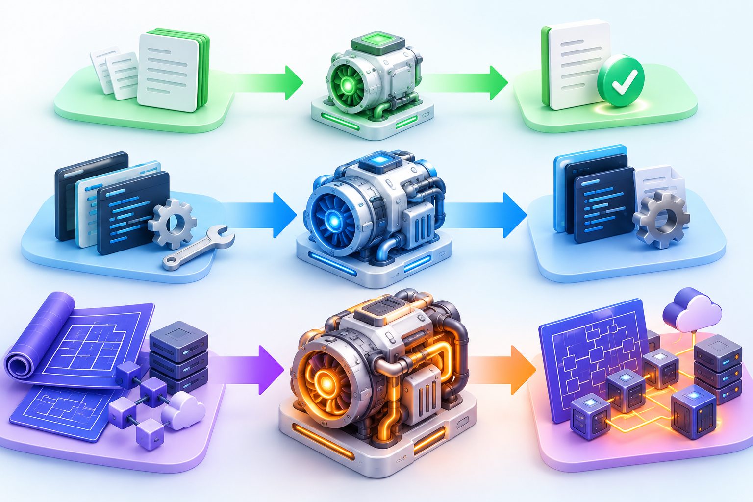 Three-lane diagram routing simple documents, coding tasks, and complex architecture work to progressively deeper reasoning engines