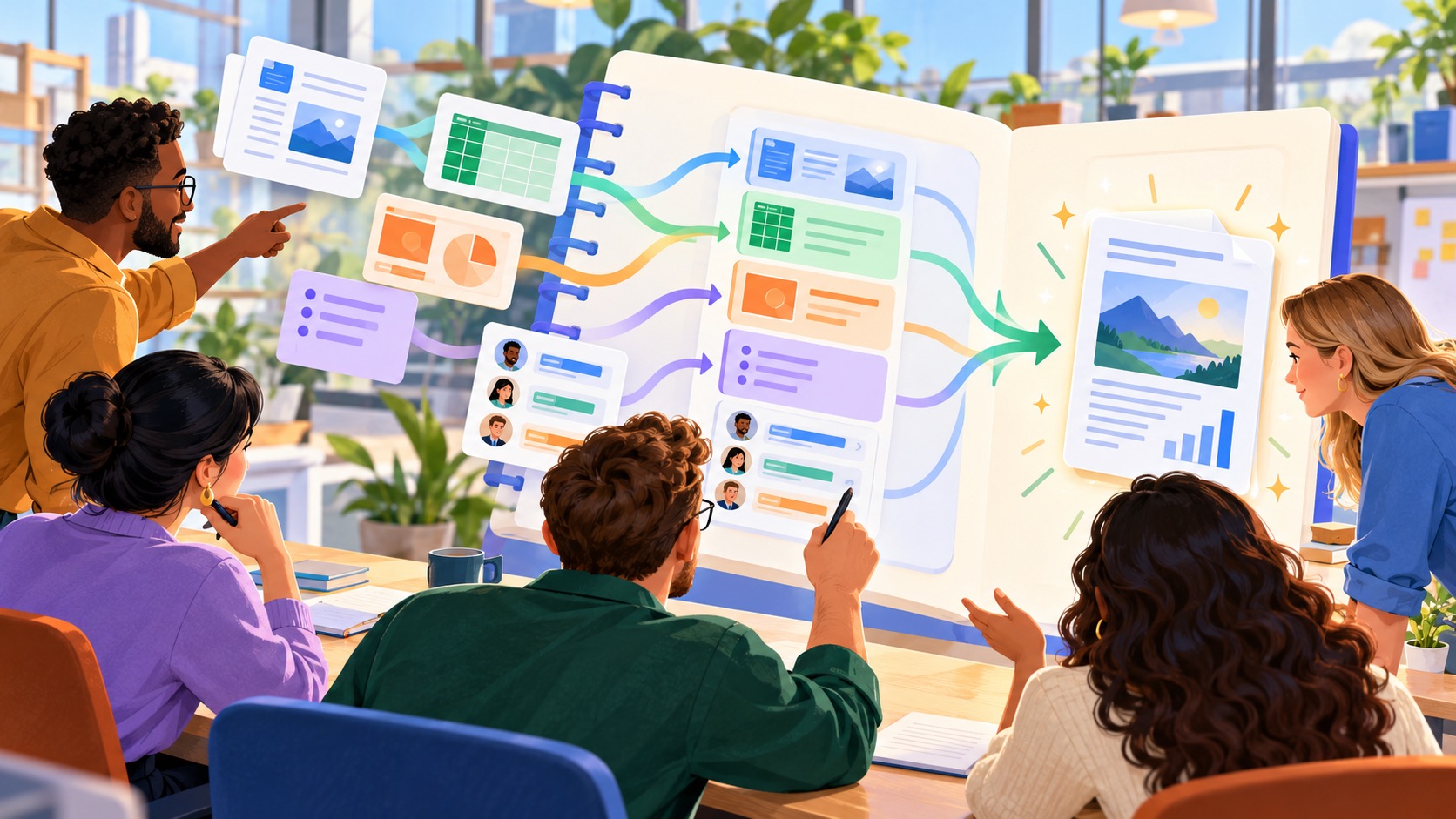 Project team organizing documents, spreadsheets, slides, notes, and delegated tasks in an AI-powered notebook workflow