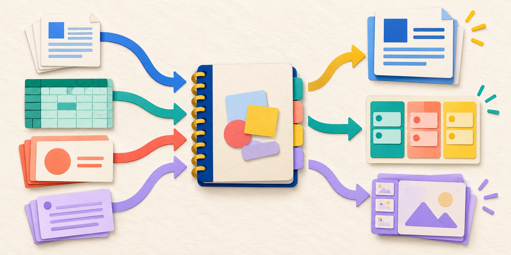 Paper-cut workflow showing documents, spreadsheets, slides, and meeting notes entering a notebook and becoming organized work products