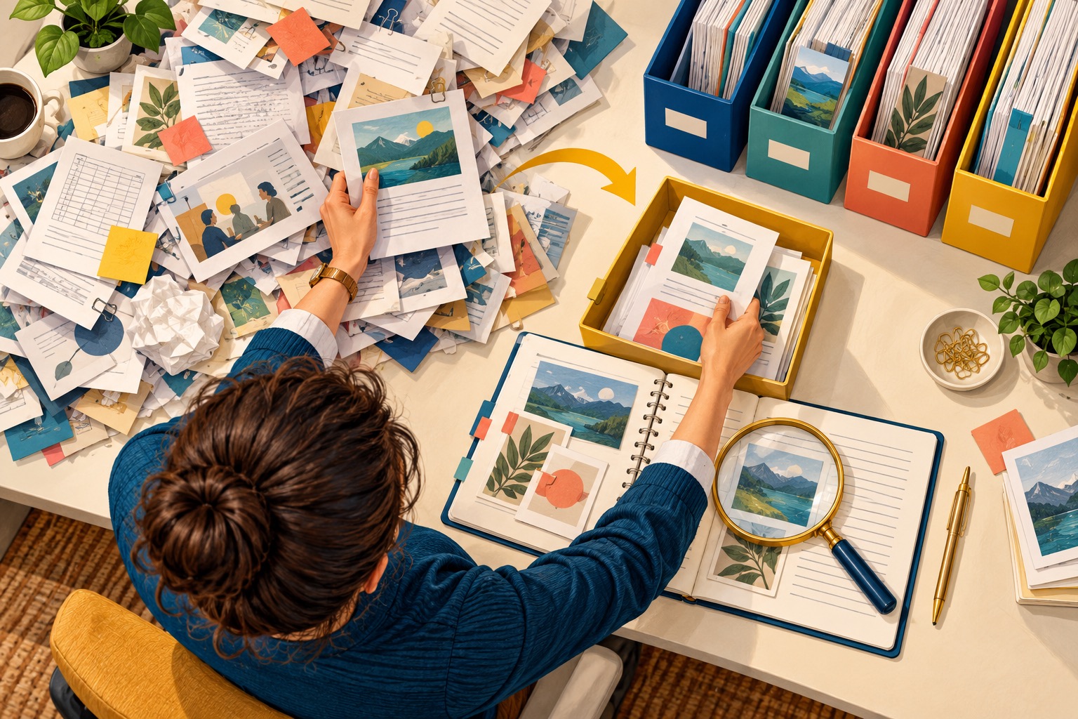 Project manager curating a large pile of references into a smaller verified source set for a notebook