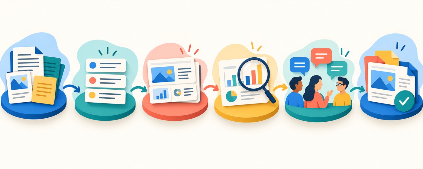 Six-stage presentation workflow from source material through outline, slides, fact review, team feedback, and export inspection