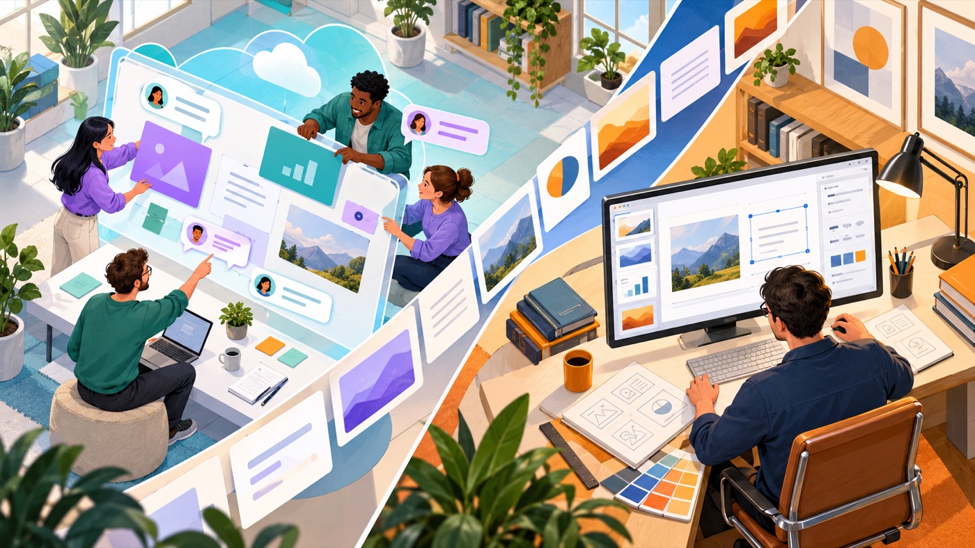 Split-screen comparison of collaborative cloud slide creation and precise desktop presentation finishing