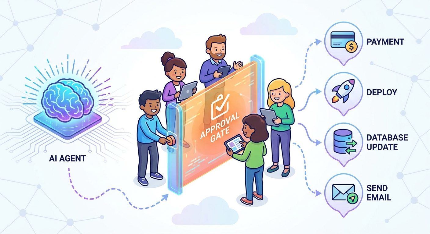 Cartoon full-stack product team placing a human approval gate between a Genkit AI agent and risky app actions