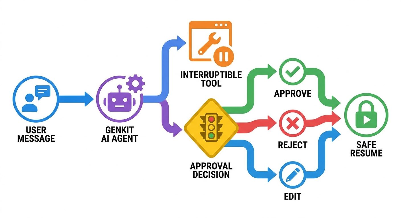 Flow diagram showing a Genkit agent pausing an interruptible tool, asking for human approval, then resuming or rejecting the action