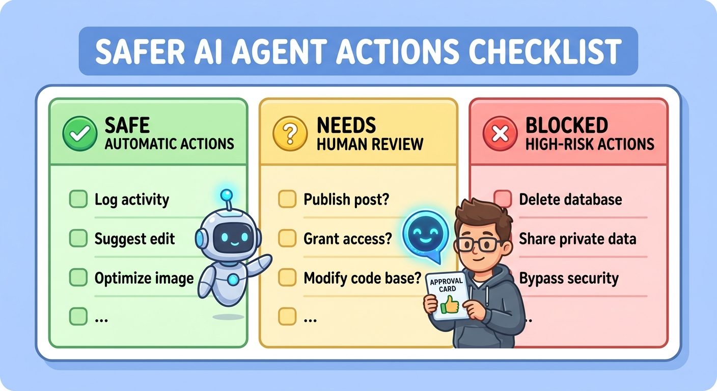 Checklist board for Genkit approval workflows showing safe automatic actions, review-needed actions, and blocked high-risk actions
