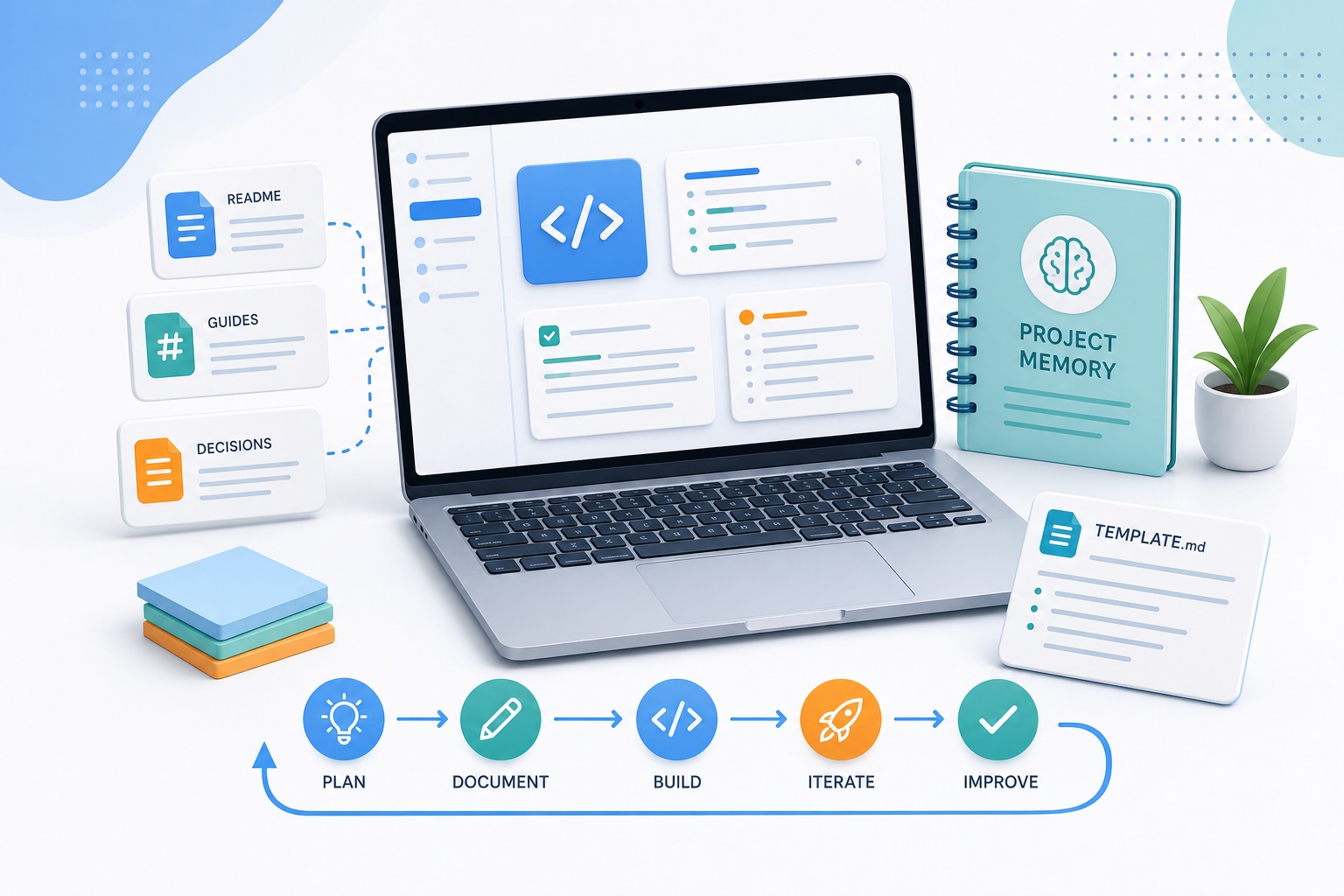 Bright editorial illustration of Claude Code project memory and CLAUDE.md workflow cards