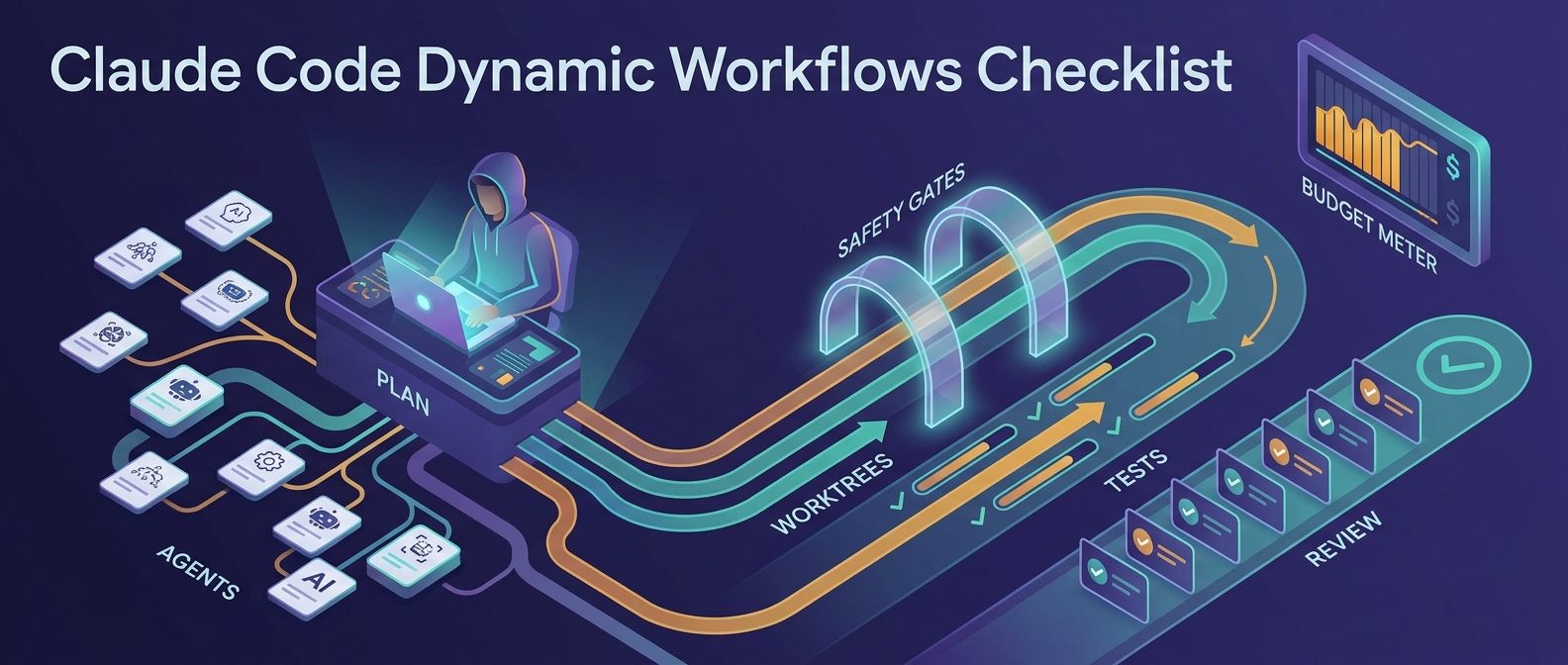 Command center illustration of Claude Code dynamic workflows with agent cards, worktrees, tests, and review gates