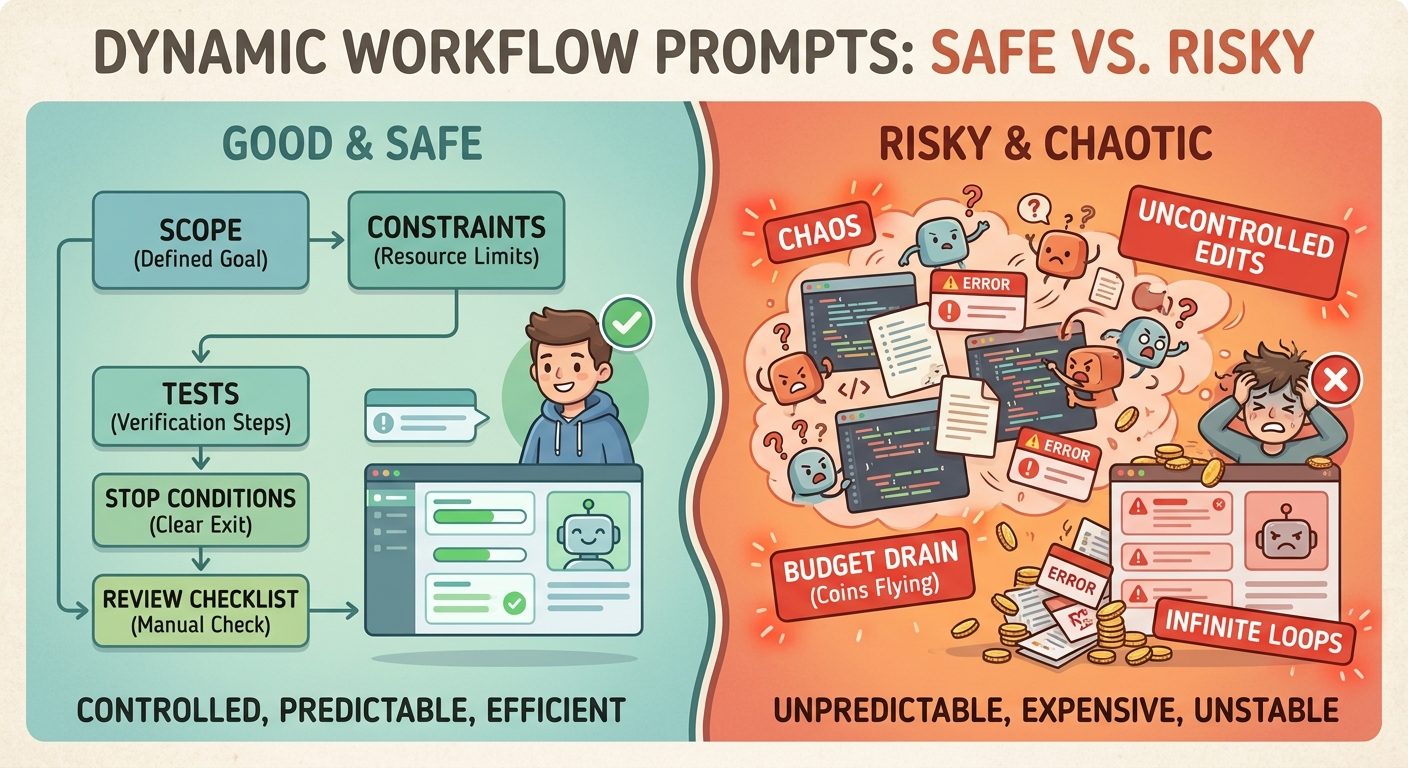 Split-screen illustration comparing a safe Claude Code workflow prompt with a risky vague multi-agent prompt