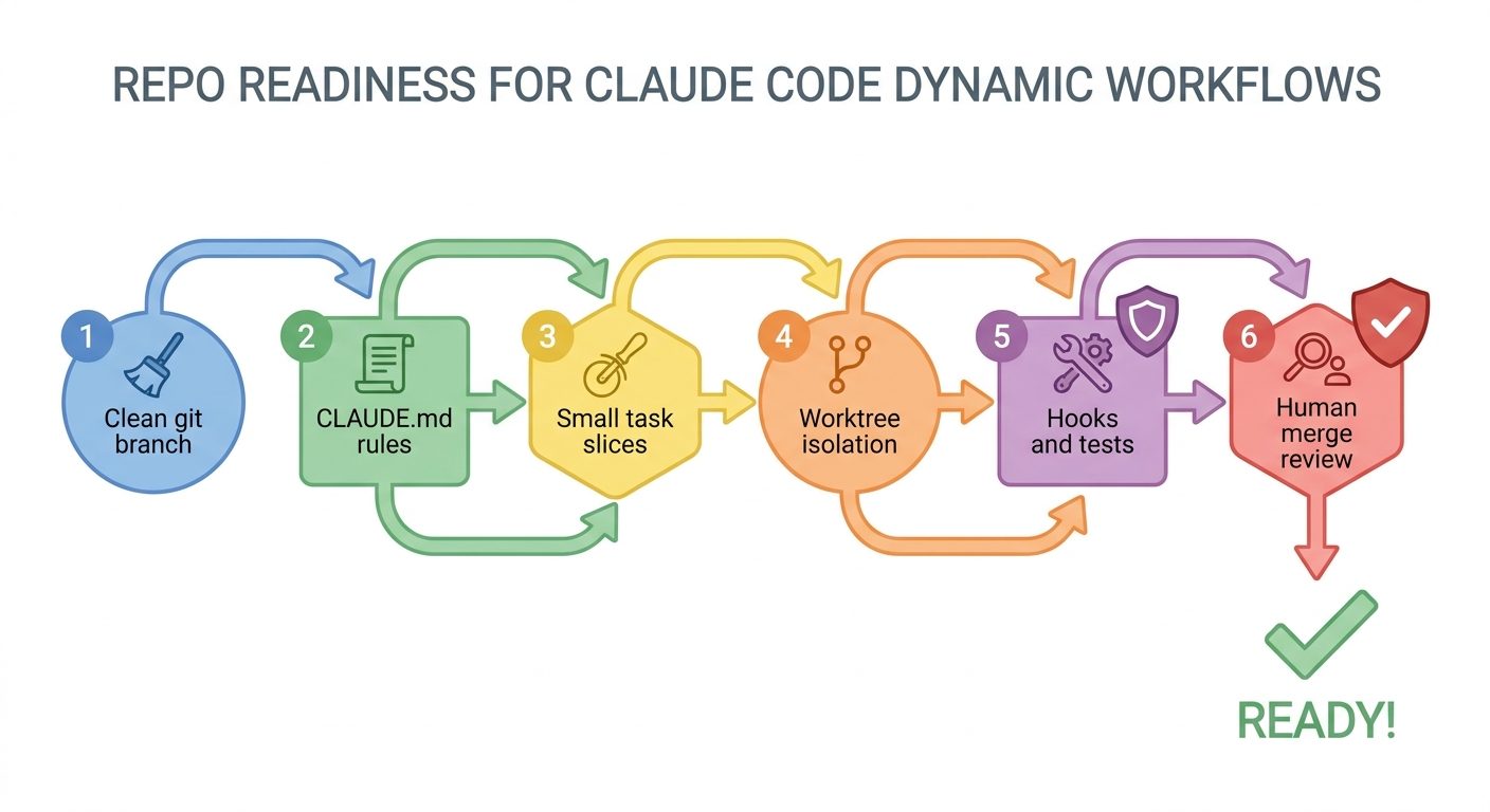 Flow diagram showing repo readiness steps before Claude Code dynamic workflows: branch, CLAUDE.md, task slices, worktrees, hooks, and review