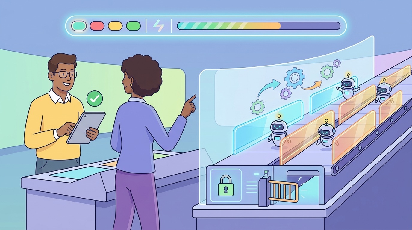 Cartoon developers using Claude Code permission gates, subagent lanes, hooks, and a status dashboard in a safe AI coding command center