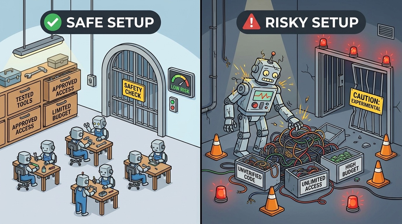 Split-screen cartoon showing a safe Claude Code setup with approval gates and isolated subagents compared with a chaotic unrestricted AI agent workflow