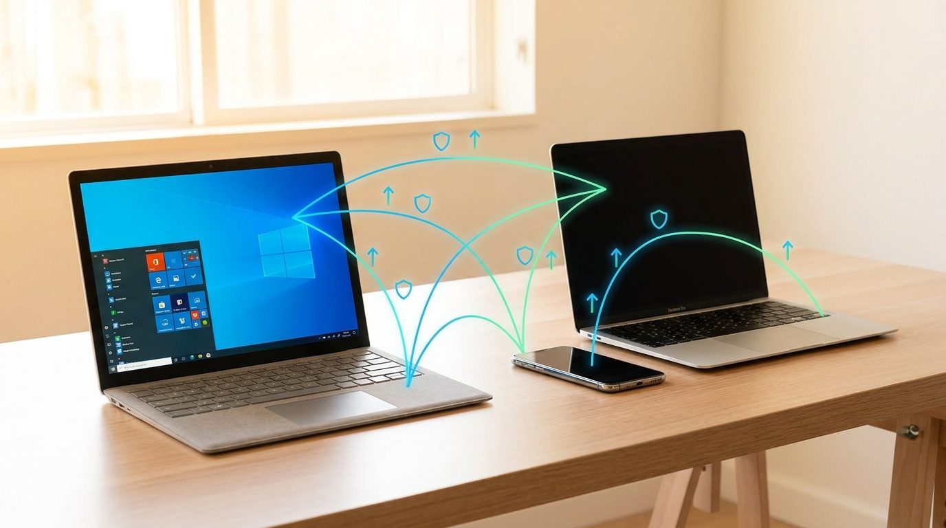 Illustration of Codex remote control supervising a Windows desktop task from a phone and Mac