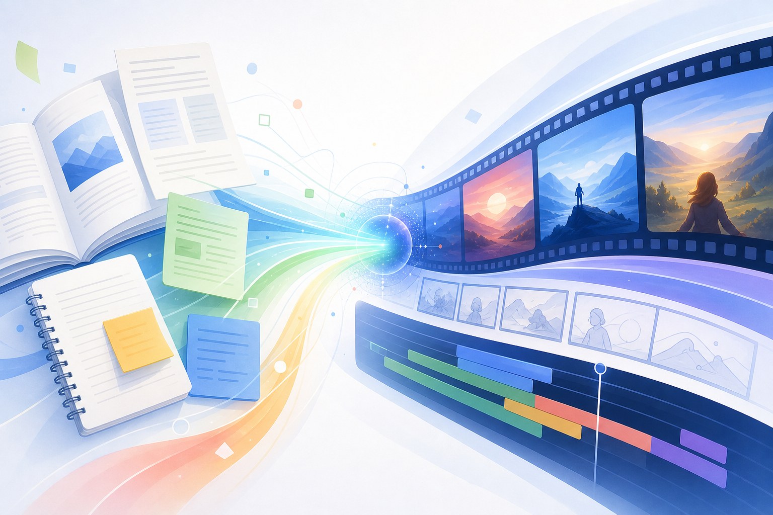 NotebookLM source documents transforming into cinematic AI video overviews
