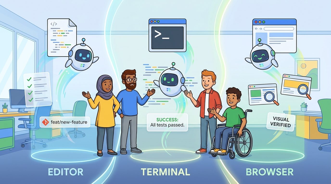 Cartoon developers coordinating Google Antigravity coding agents across editor terminal and browser workflows