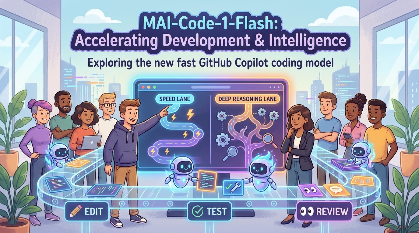 Cartoon developers choosing a fast GitHub Copilot coding model for agentic software workflows